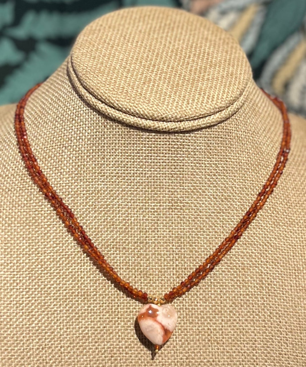 Orange Spessartine Garnet, Cherry Blossom Agate Heart Pendant Necklace