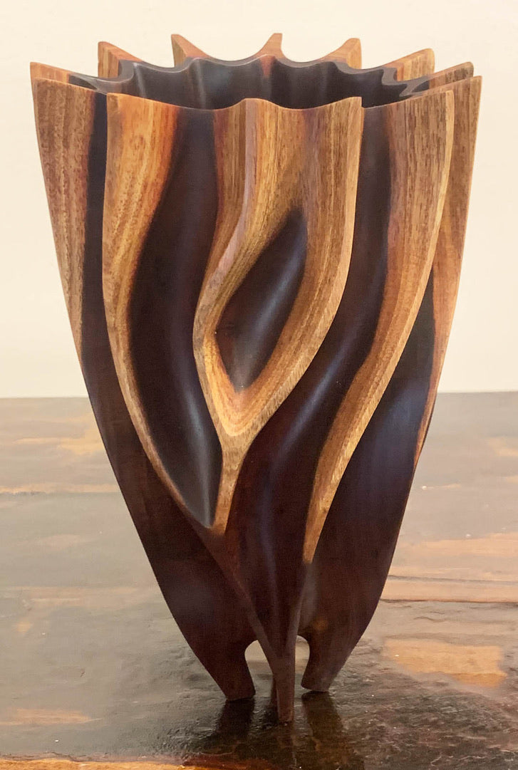 Craig Mason: Hand-Carved Milo Wood Open Form With Flutes And Fins