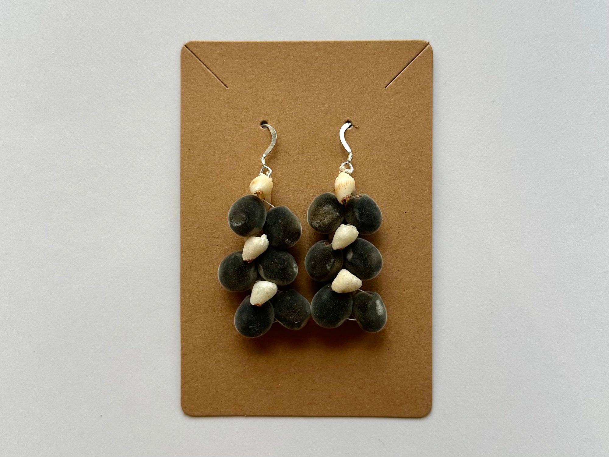 Mario Cervantes: Lana`i Momi Shells & Mgambo (Velvet) Seed Earrings