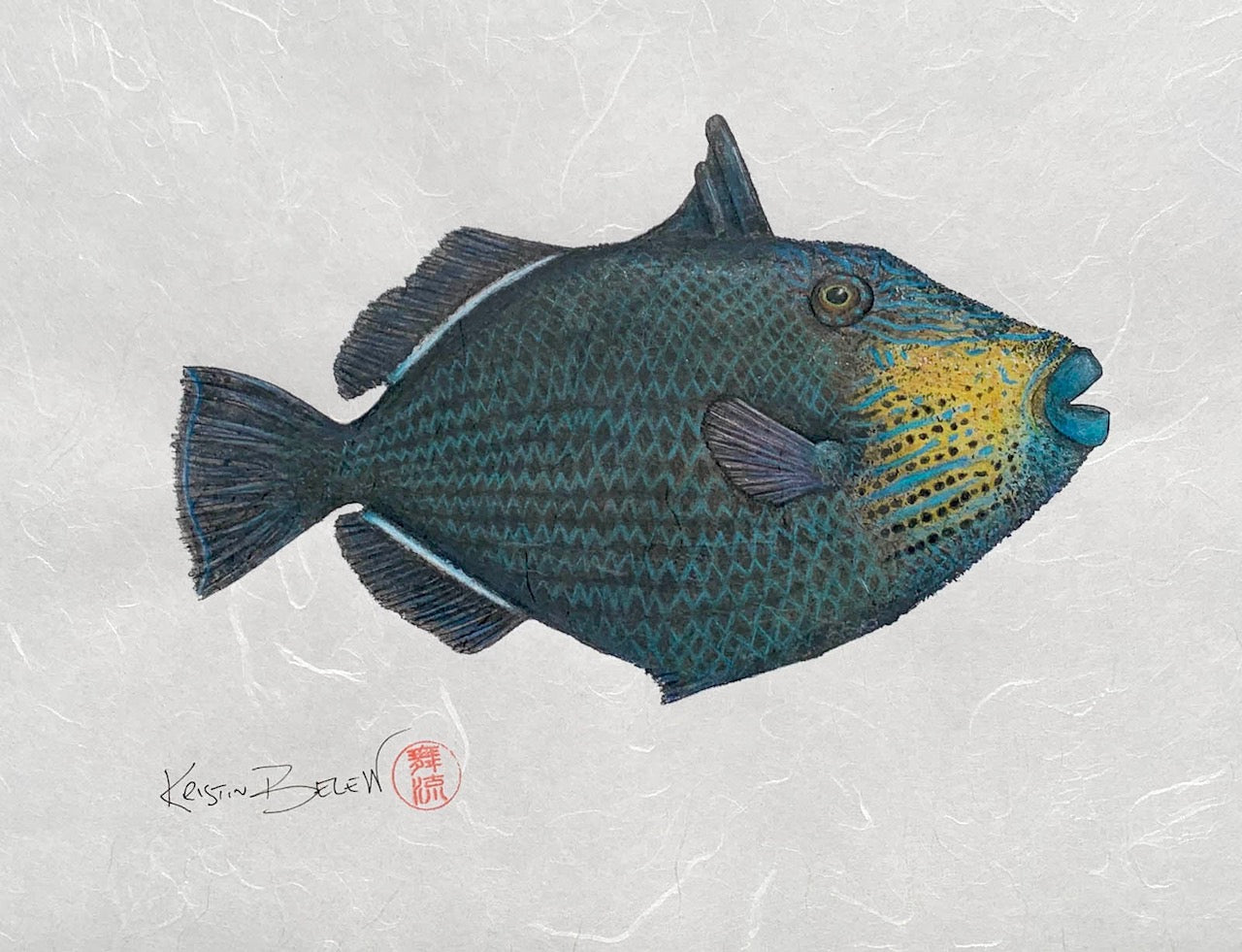 Deep Hawaii Art: "Ella" The Black Triggerfish Reproduction Gyotaku