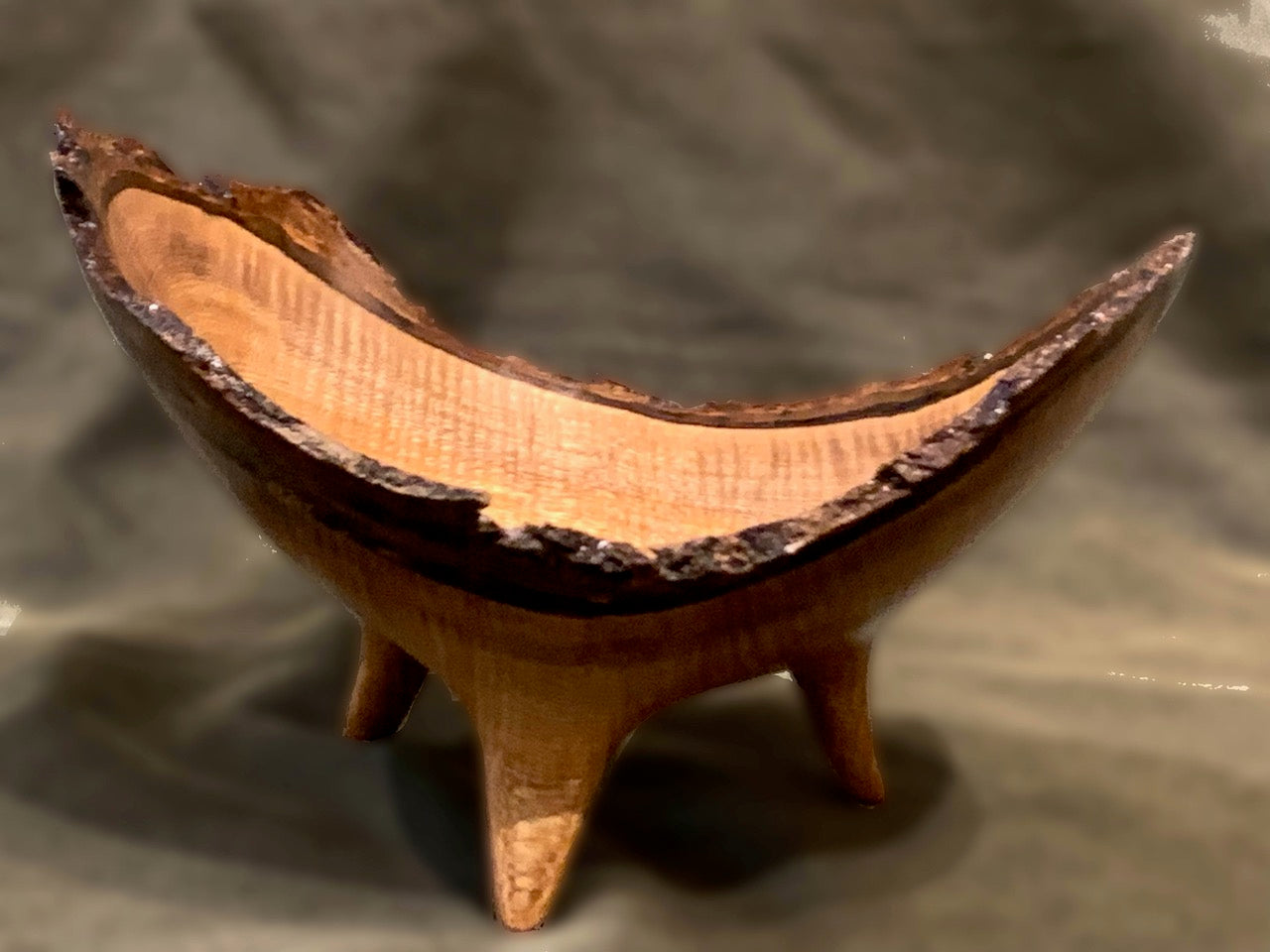 Craig Mason: Curly Tacoma Wood Natural Edge Bowl With Three Carved Legs