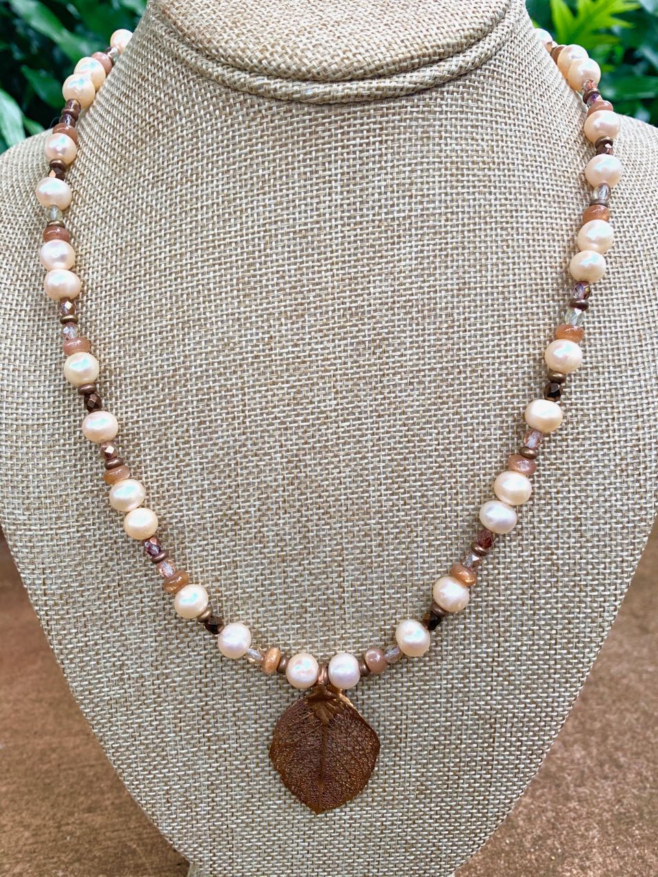 Liesel Lund: Pearl, Sunstone, Copper, Crystal & Gold Findings Necklace