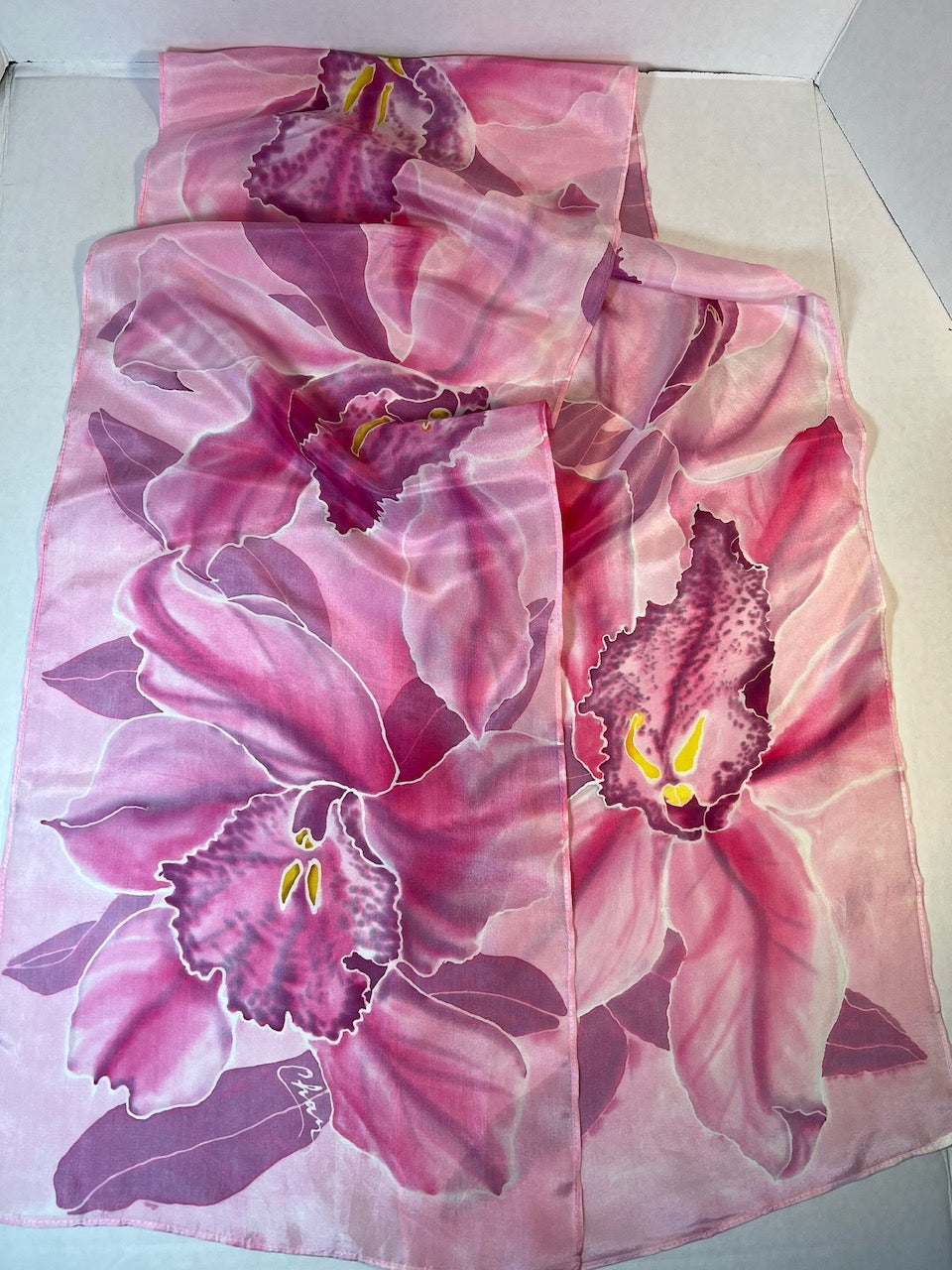 Hand painted silk scarf. Pink floral silk scarf. Painted silk